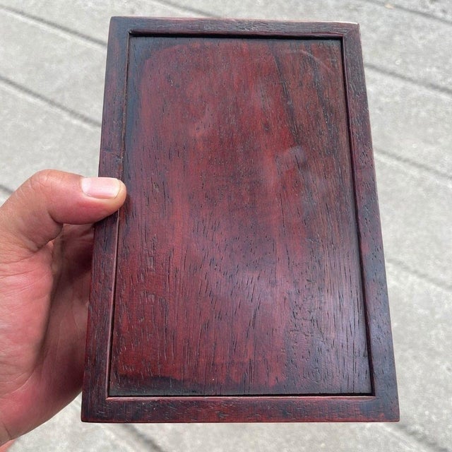1990s Vintage Chinese Carved Rosewood Box With Stone Inlays & Lotus Fish Motif - Jewelry/Keepsake Box For Sale - Image 5 of 9