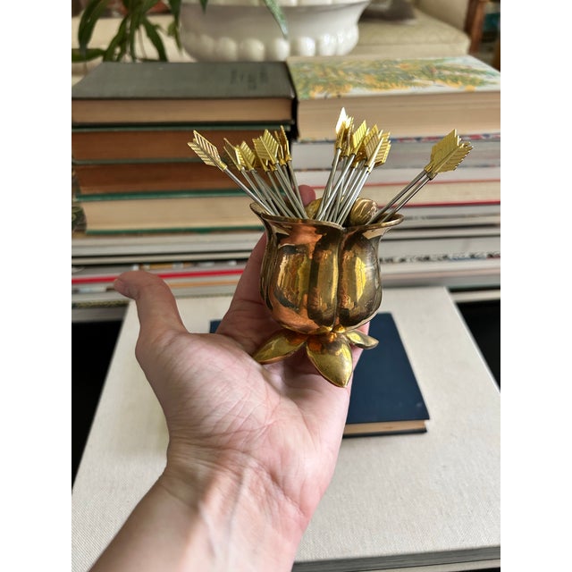 Vintage Solid Brass Flower Match Holder and Toothpick Cup For Sale - Image 12 of 12