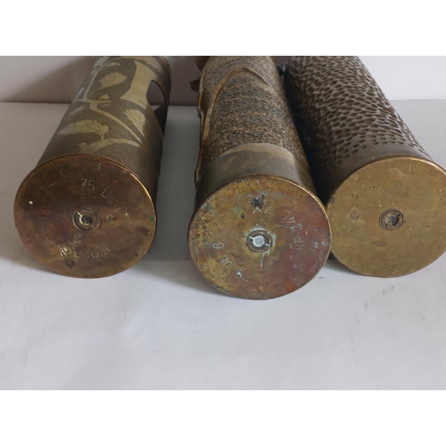 Antique French Ww1 Trench Art Vases Brass Set of 3 All Different For Sale - Image 9 of 12