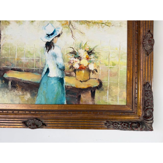 1960s Vintage Harrison E. Clark Impressionist Woman in Garden Oil on Canvas Painting, Framed For Sale - Image 9 of 12