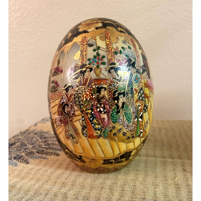 Asian Antique Vintage Geisha Gilded Porcelain Satsuma Egg For Sale - Image 3 of 4