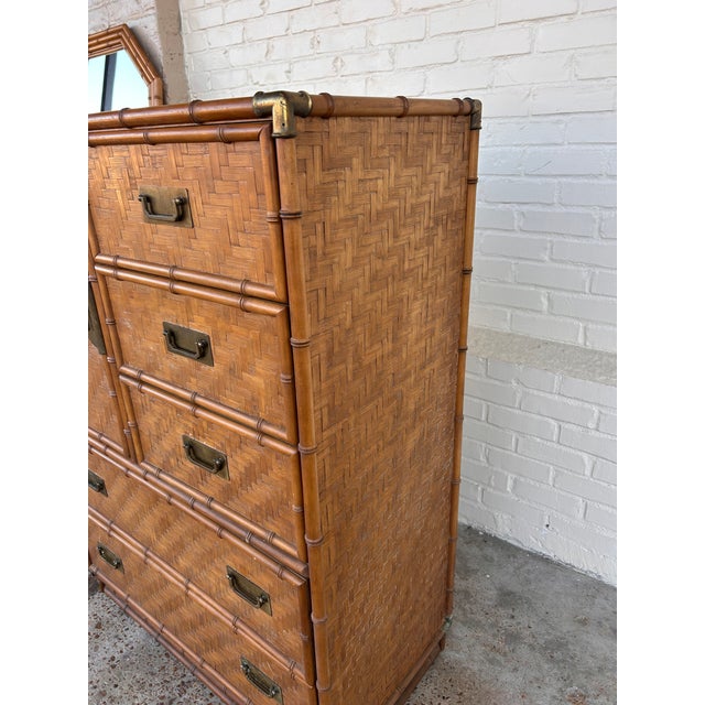 Vintage 1980s Chinoiserie Faux Bamboo and Parquetry Campaign Gentleman's Dresser For Sale - Image 12 of 15