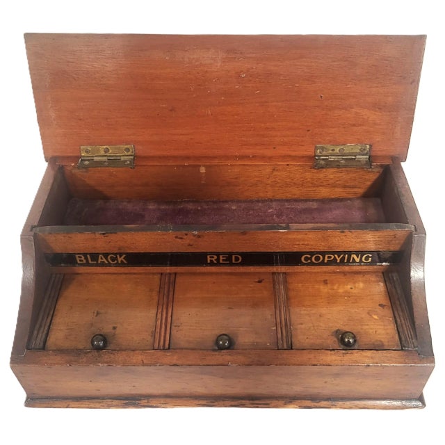 English 19th C Mahogany & Reverse Painted Glass 3 Jar Desk Inkwell For Sale - Image 9 of 16