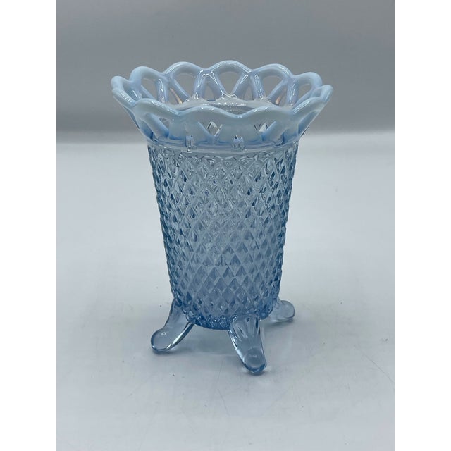 Blue Vintage Imperial Glass Vase Blue Diamond Pattern Opalescent Footed For Sale - Image 8 of 8