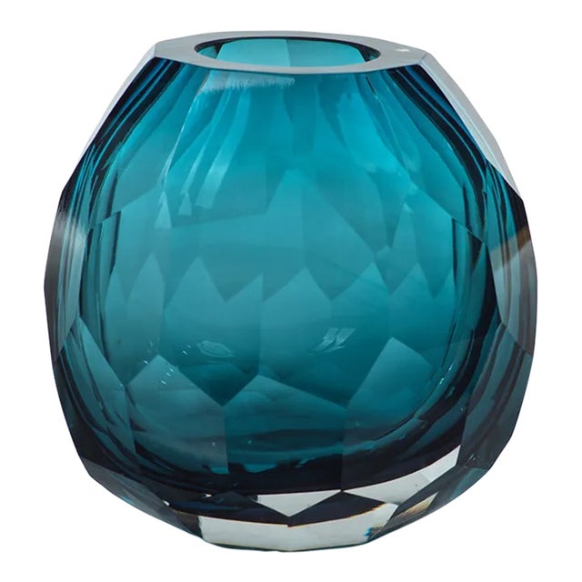 Nixie Hand Cut Blue Glass Vase, 6" x 4.25" x 6" For Sale
