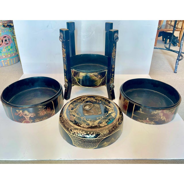 Qing Dynasty Chinese Black and Gold Lacquer Multi-Tiered Wedding Box For Sale - Image 15 of 18