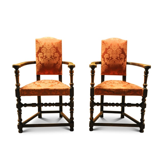 English Style Oak Turned Elbow Chairs in Red Damask, 1890s, Set of 2 For Sale - Image 6 of 9