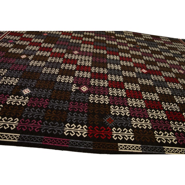 Textile Modern Soumak Handmade Geometric Designed Brown Wool Rug For Sale - Image 7 of 11