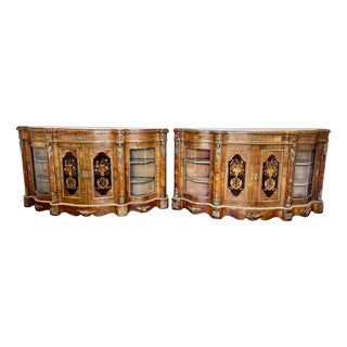 Antique Victorian Walnut Marquetry Inlaid Credenzas, 1880s, Set of 2 For Sale