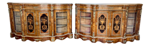 Antique Victorian Walnut Marquetry Inlaid Credenzas, 1880s, Set of 2