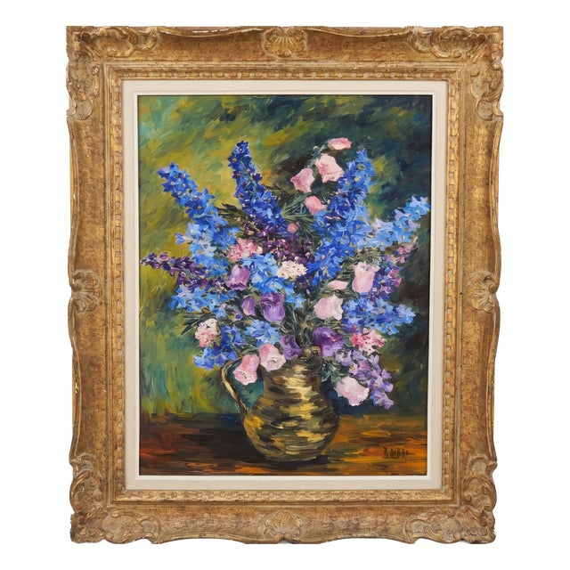 R. Aubry, Bouquet of Delphiniums and Campanulas, 1947, Oil on Canvas, Framed For Sale