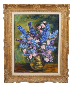 R. Aubry, Bouquet of Delphiniums and Campanulas, 1947, Oil on Canvas, Framed