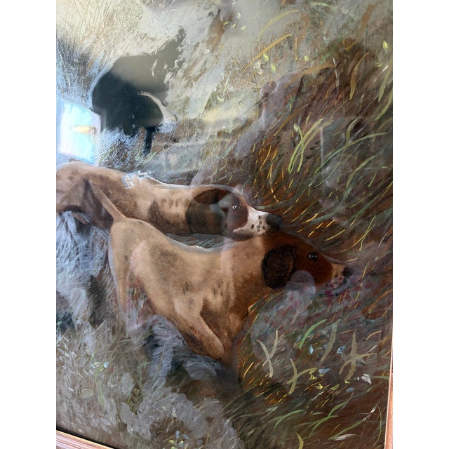 English Style Reverse Glass Painting of Hunter & Three Bird Dogs – Vintage Sporting Scene in Shabby Wood Frame For Sale - Image 9 of 13