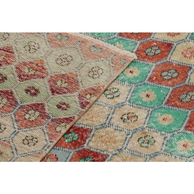 Beige Vintage Distressed Rug, Polychromatic Hexagon Geometric Design- Rug & Kilim For Sale - Image 8 of 8