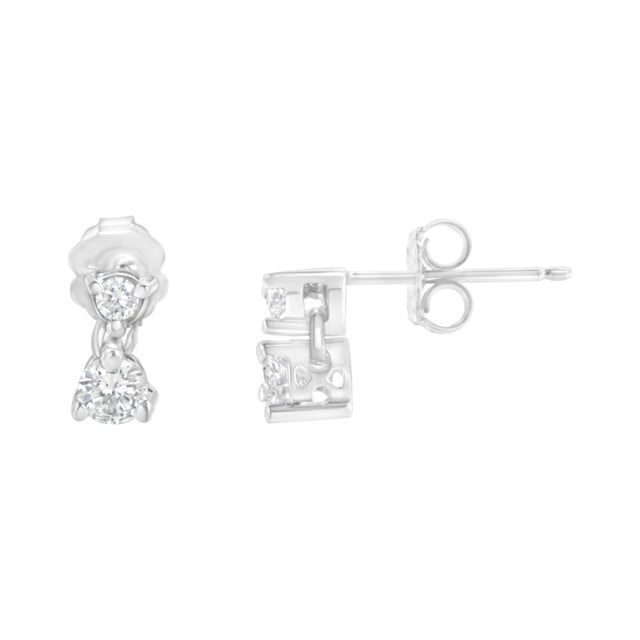 Contemporary 14KT White Gold 1/2 cttw Double Diamond Dangle Stud Earrings (H-I, I1-I2), A Pair For Sale - Image 3 of 6