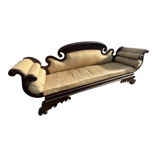 Mid 19th Century American Victorian Empire Revival Mahogany and Upholstered Scroll End Settee For Sale