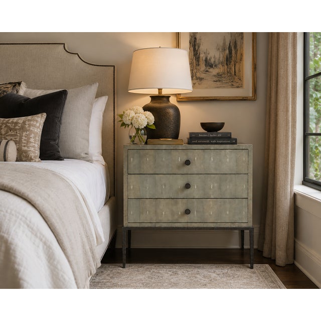 2000 - 2009 Ironies “Breton” Wide Faux Shagreen Three-Drawer Bedside Table / Commode For Sale - Image 5 of 11