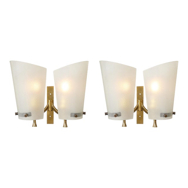 1960s Italian Mid-Century Double Shaded Textured Glass & Brass Wall Sconces - a Pair For Sale