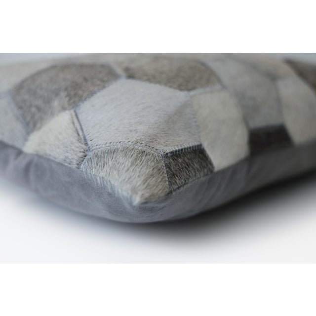 Luxury Gray Cowhide Leather Throw Pillow 16x24 | Handmade Hexagon Patchwork Designer Lumbar Cushion For Sale - Image 4 of 8