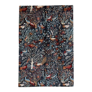 Tree of Life Area Rug, Hand-Knotted Wool, Pictorial, 6x9, Navy & Rust For Sale