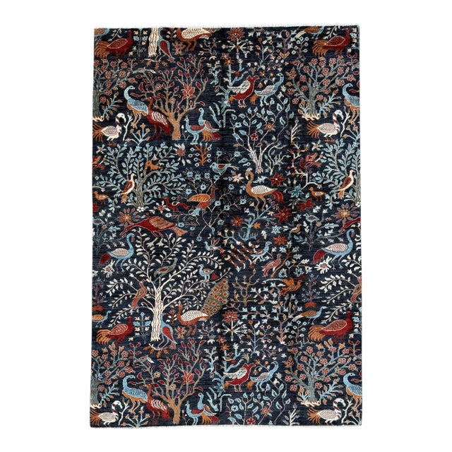 Tree of Life Area Rug, Hand-Knotted Wool, Pictorial, 6x9, Navy & Rust For Sale