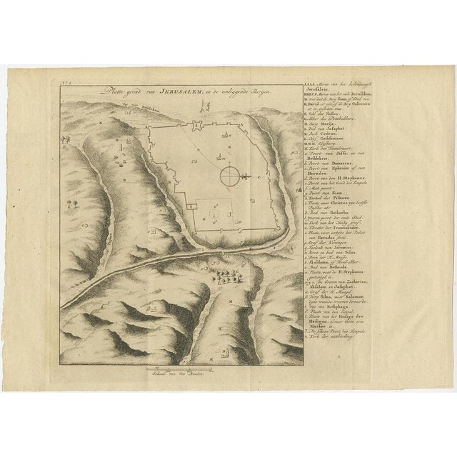 Antique map titled 'platte grond van jerusalem, en de omliggende bergen'. Plan of the city of jerusalem, with surrounding...