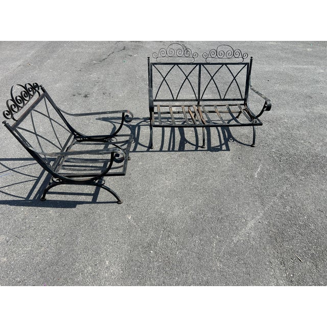 1970s Beautiful Vintage Wrought Iron MCM Bench & Oversized Chair For Sale - Image 4 of 4