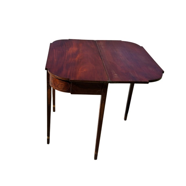 19th Century Federal Style Mahogany & Satinwood Inlaid Card Table – Antique Hepplewhite Flip-Top Game / Demilune Console Table For Sale - Image 11 of 14