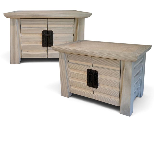 1980s Postmodern Asian-Style Reeded Armoire & Nightstands, Stone Inset, 3 Pieces For Sale - Image 10 of 18