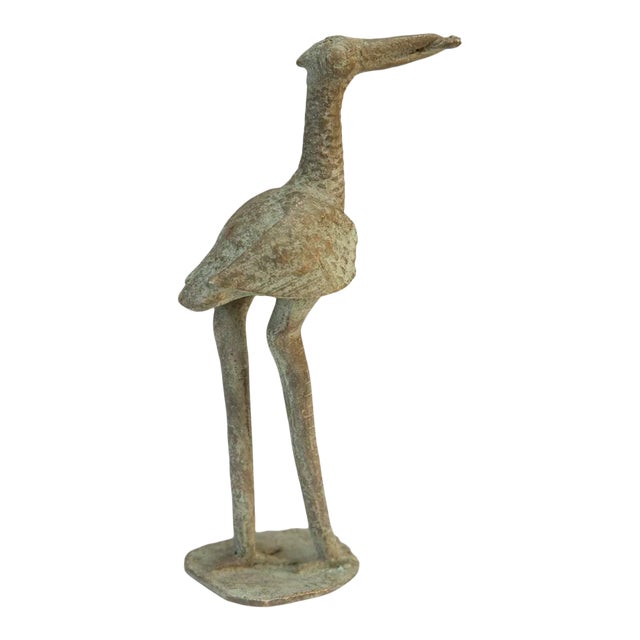 Vintage African Large Oxidized Bronze Stork Eating Fish For Sale