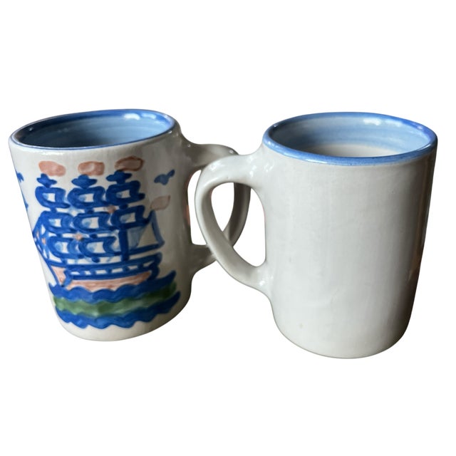 Nautical Vintage Mary Alice Hadley “Low Tide” Hand-Painted Folk Art Stoneware Mugs - a Pair For Sale - Image 3 of 5
