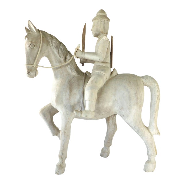 Large Vintage Japanese Man on Horse Figural Wooden Sculpture Statue For Sale