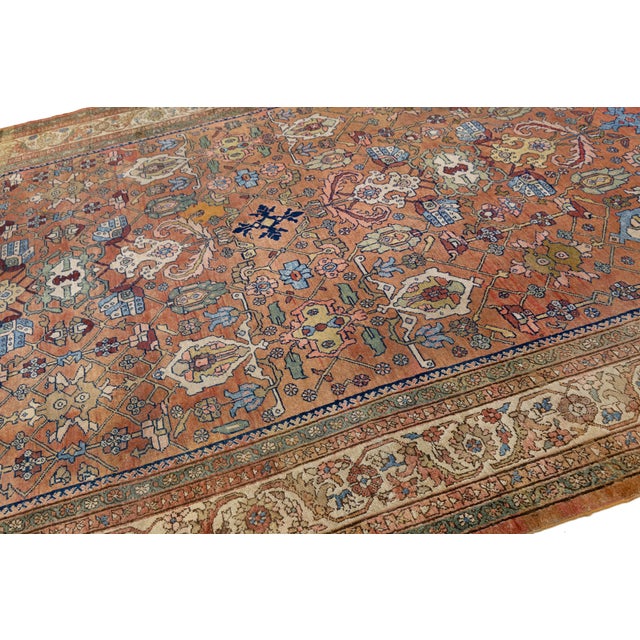 Vintage Hand-Knotted Mahal Area Wool Rug – Rustic Red & Navy Blue Floral For Sale - Image 4 of 9