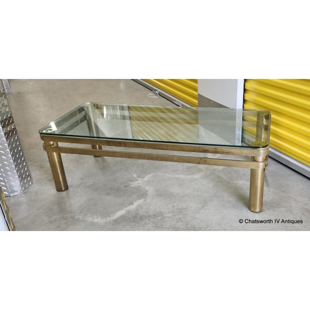 Vintage Brass Hollywood Regency Style Modern Contemporary Glass Coffee Table For Sale - Image 4 of 12