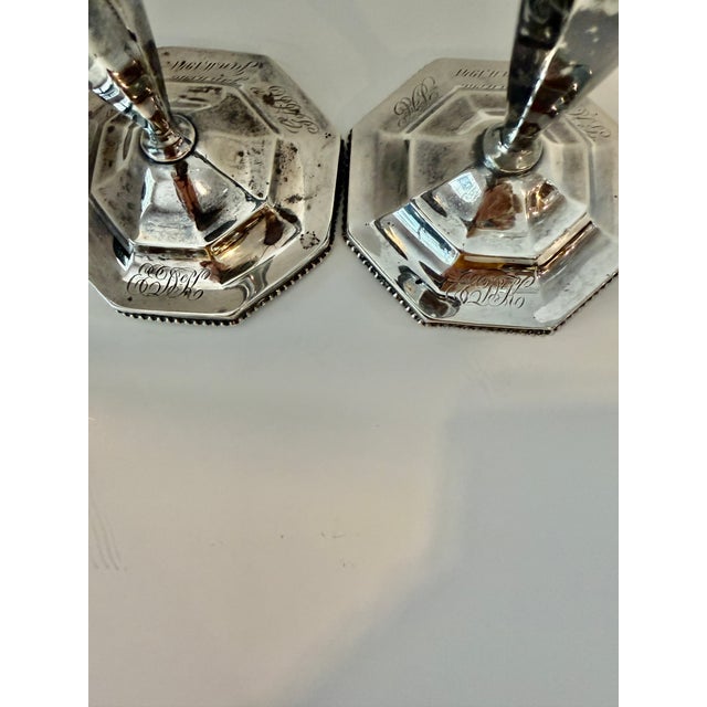 Mid 19th Century Pair of Unweighted Antique Woodside Sterling Co. Hexagonal Candlesticks .925 For Sale - Image 5 of 11