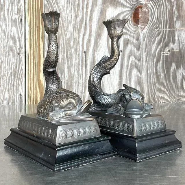 Bronze Vintage Regency Cast Dolphin Candlesticks - A Pair For Sale - Image 8 of 10