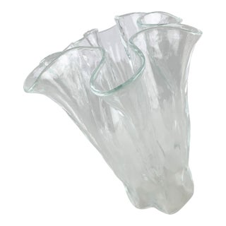 Vintage Muurla Finland Ruffled Folded Handkerchief Vase Clear Blown Art Glass For Sale
