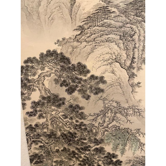 Paper Japanese Scroll Hand Painting in Black Ink of a Landscape, Early 20th Century For Sale - Image 7 of 11