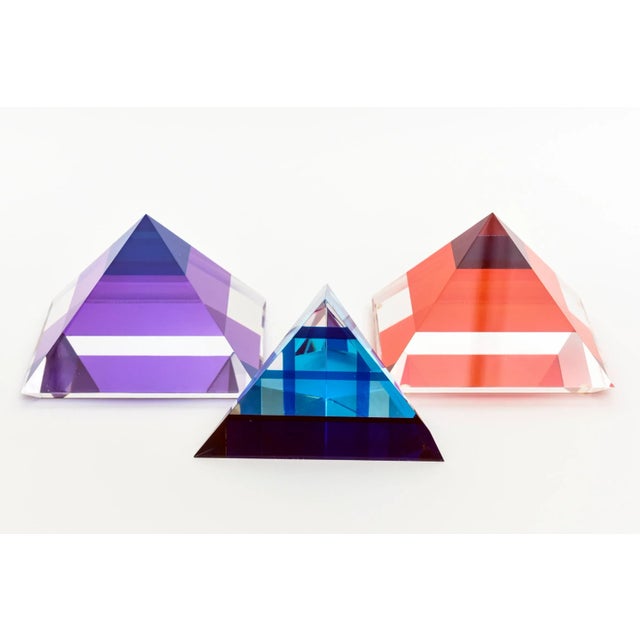 Set of 3 Pyramid Lucite Sculptures in Orange, Sapphire Blue, Purple, Red, 1990's For Sale - Image 13 of 13