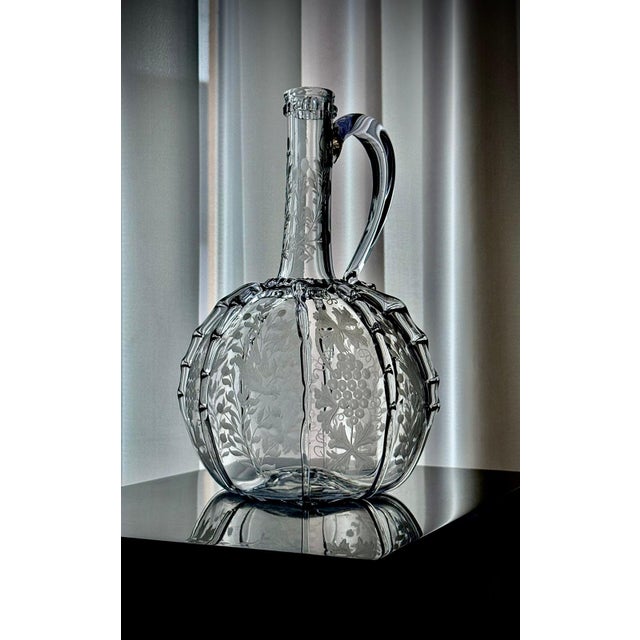 Antique Engraved Glass Claret Jug with Crystal Wine Goblets, 1890s, Set of 3 For Sale - Image 10 of 18