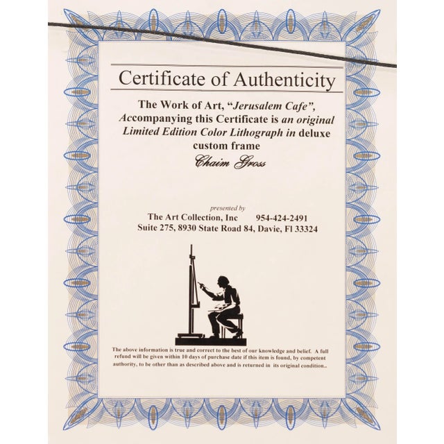 An expressive color lithograph on paper titled "Jerusalem Cafe" by Chaim Gross. Hand signed in pencil on the lower right...