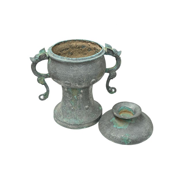 Abstract Vintage Look Gray Green Ancient Ding Shape Vessel Holder Display Art For Sale - Image 3 of 18