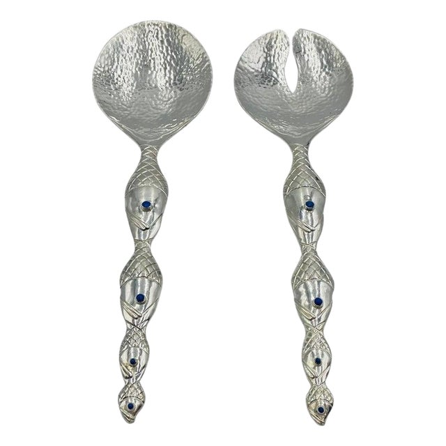 1980s Emilia Castillo Silver-Plated Fish-Handle Serving Set, Taxco Mexico For Sale