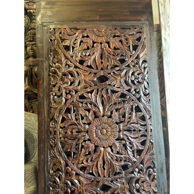 Vintage Carved Wood Lotus Lattice Barn Door – Ornate Room Divider & Wall Panel 92.5x40.5 For Sale In Orlando - Image 6 of 7