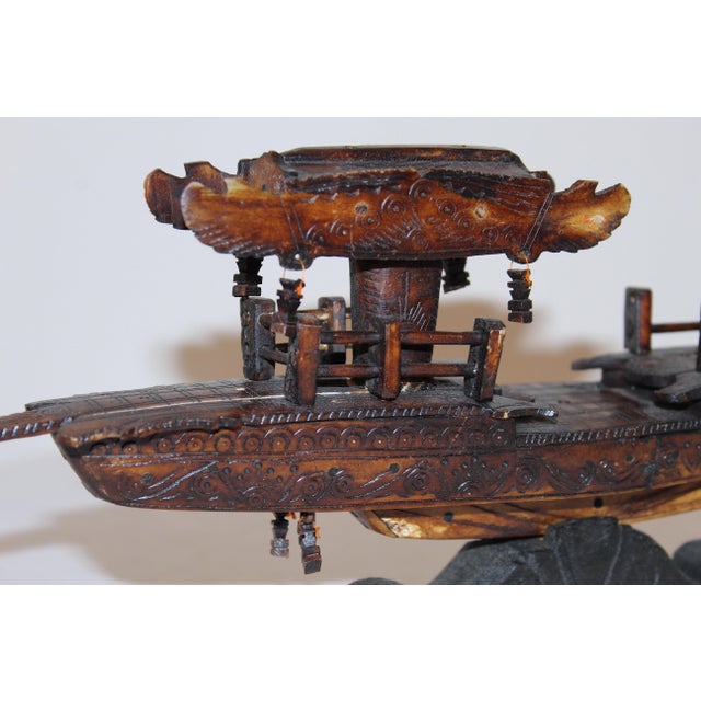 Antique Early 1900s Chinese Dragon Boat Figurine With Pagoda Detail and Bone Inlay For Sale - Image 11 of 16
