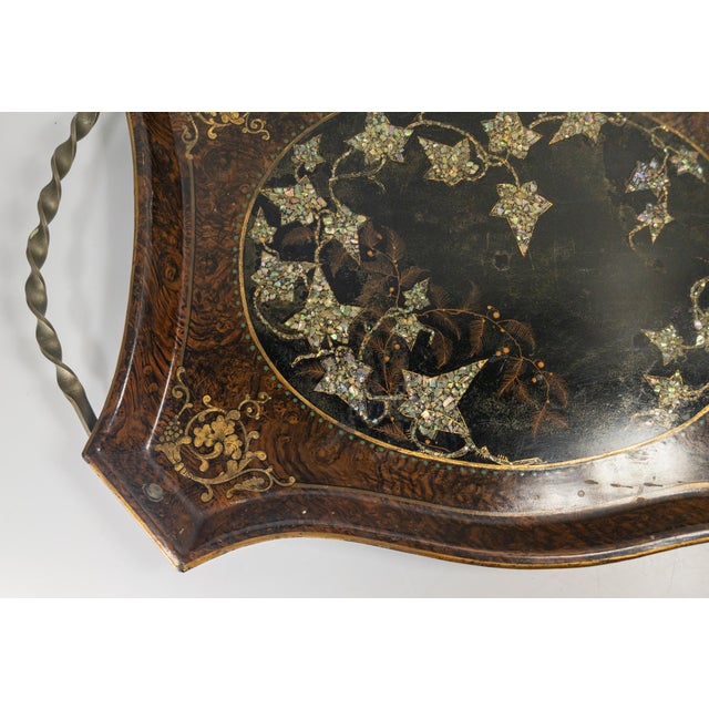 19th Century English Victorian Tole Metal Serving Tray With Mother of Pearl and Faux Grain Design For Sale In New York - Image 6 of 18