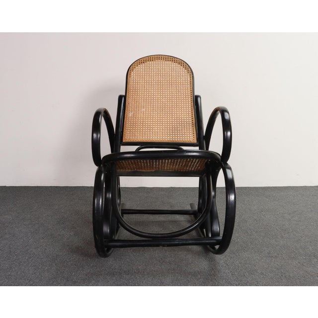 Thonet Vintage Thonet Ebonized Bentwood and Rattan Rocking Chair For Sale - Image 4 of 18