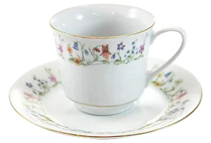 Mid-Century Floral Porcelain Cup & Saucer with Gold Rim