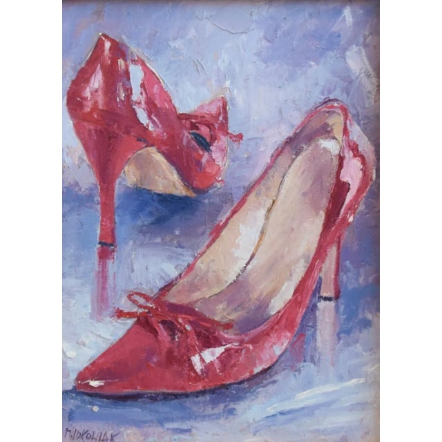 Impressionist sexy fancy fashionable red stiletto evening shoes oil painting on artist canvas panel displayed in a new...