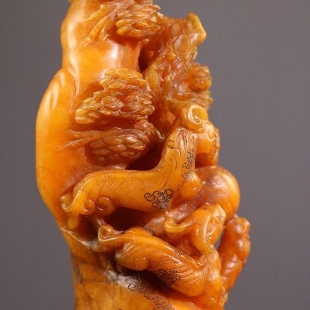 Amber Carved Soapstone Dragon and Coin Sculpture on Wooden Stand For Sale - Image 8 of 9
